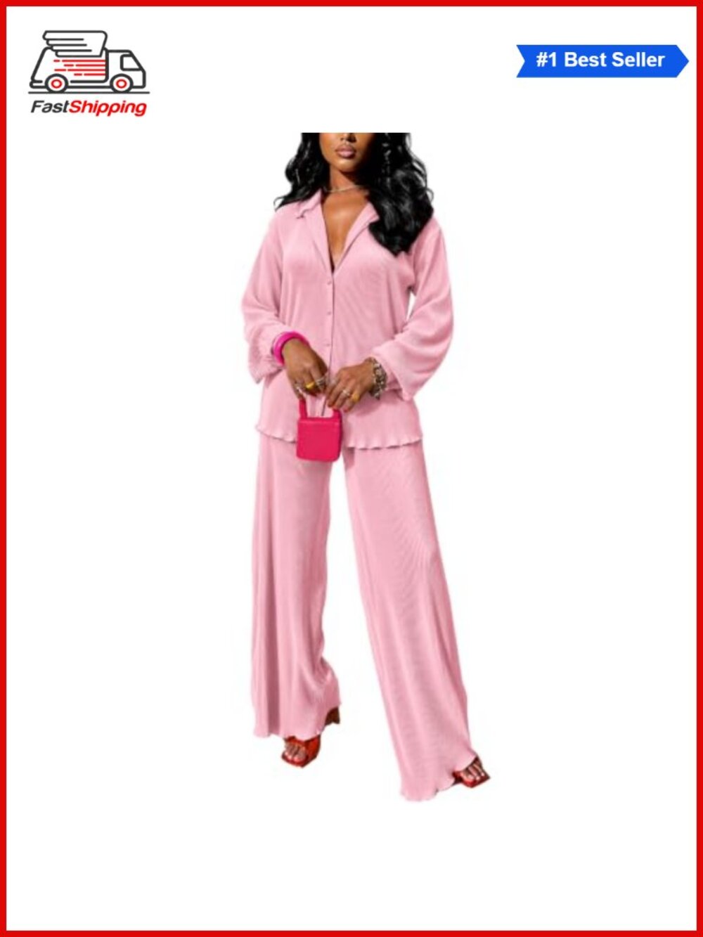 ✨Women's 2 Piece Plisse Shirt & Wide Leg Pants Set Button Down Casual